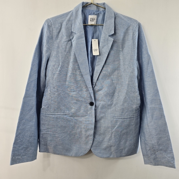 GAP Linen Cotton Blazer Chambray Light Blue Lined Single One Button NWT Size 14 - Picture 2 of 10